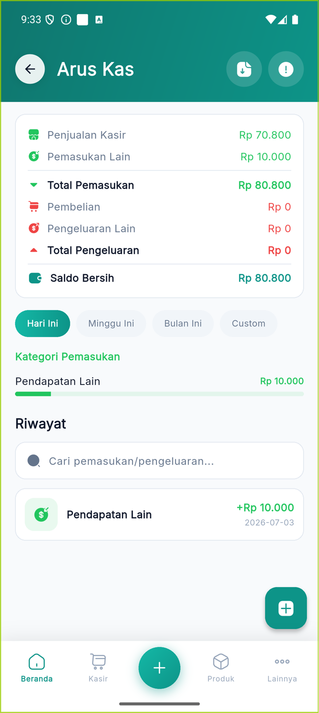 Halaman Arus Kas dengan kolom pencarian riwayat