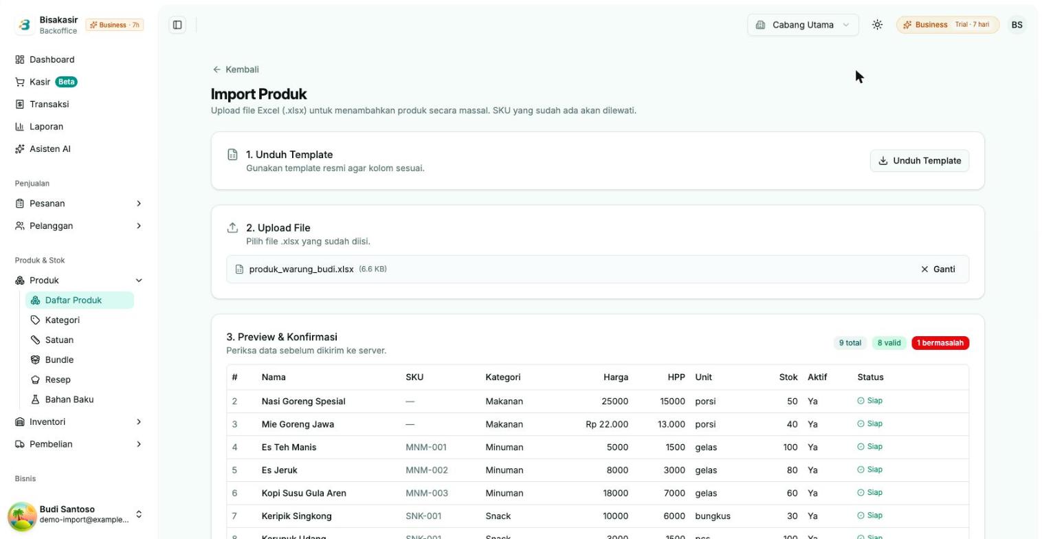 Preview data import dengan ringkasan total, valid, dan bermasalah