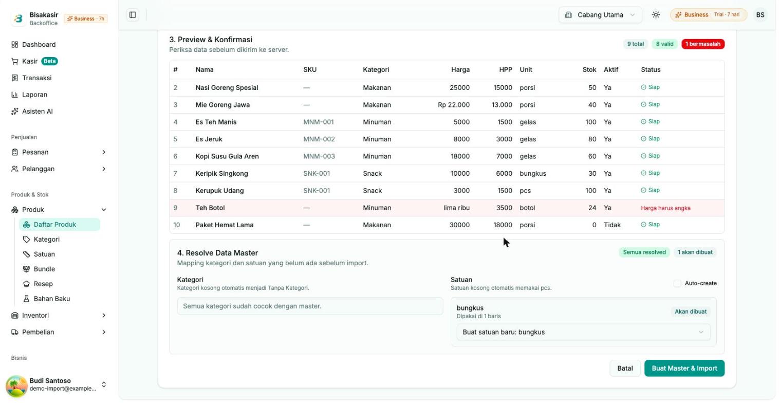 Semua resolved dan tombol Buat Master & Import aktif
