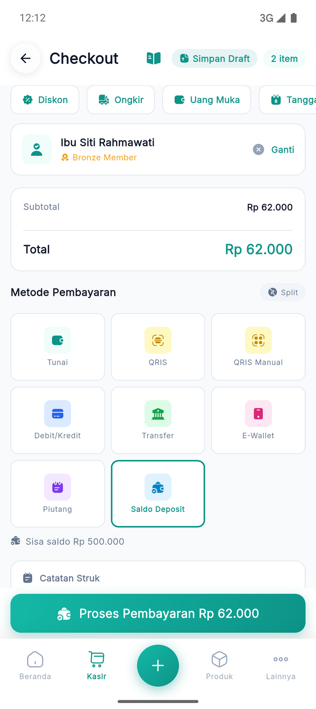 Metode Saldo Deposit dipilih di halaman Checkout