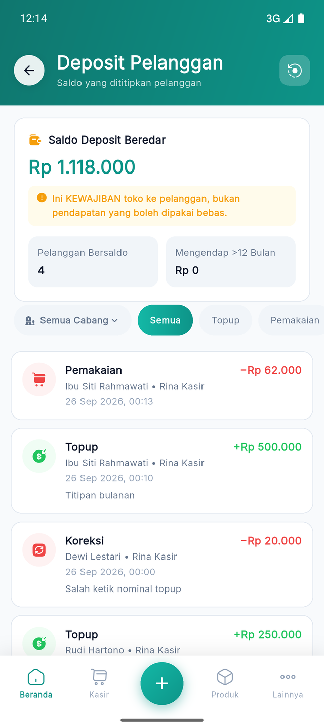 Halaman Deposit Pelanggan dengan ringkasan saldo dan daftar mutasi