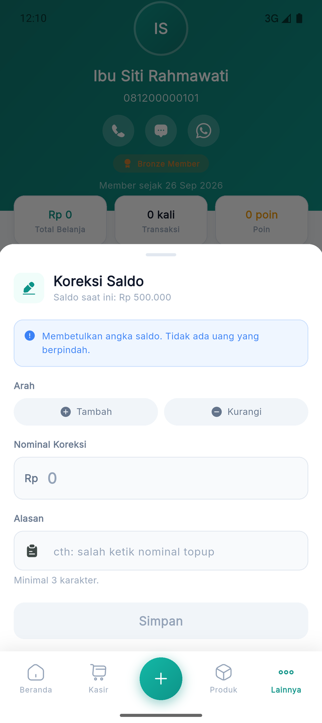 Lembar Koreksi Saldo dengan pilihan arah Tambah/Kurangi