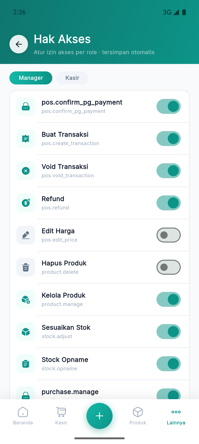 Halaman Hak Akses dengan tab Manager/Kasir dan toggle izin