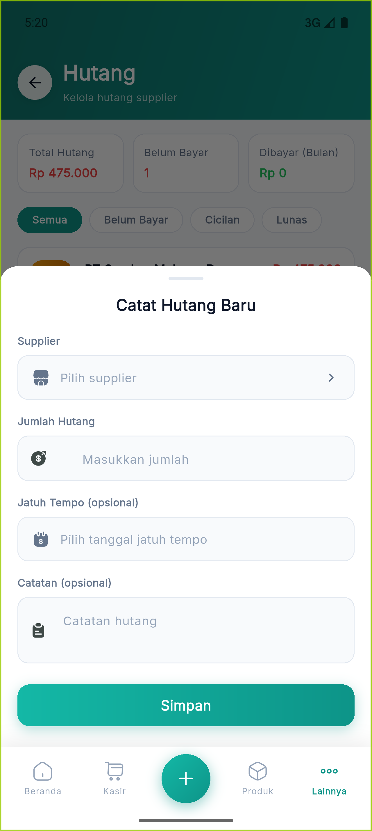 Form Catat Hutang Supplier