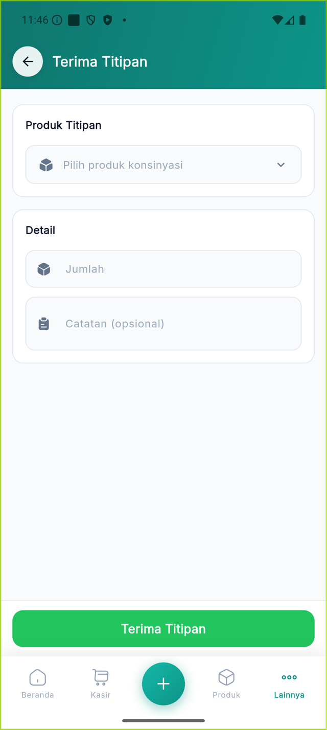 Form Terima Titipan dengan pemilih produk, jumlah, dan catatan