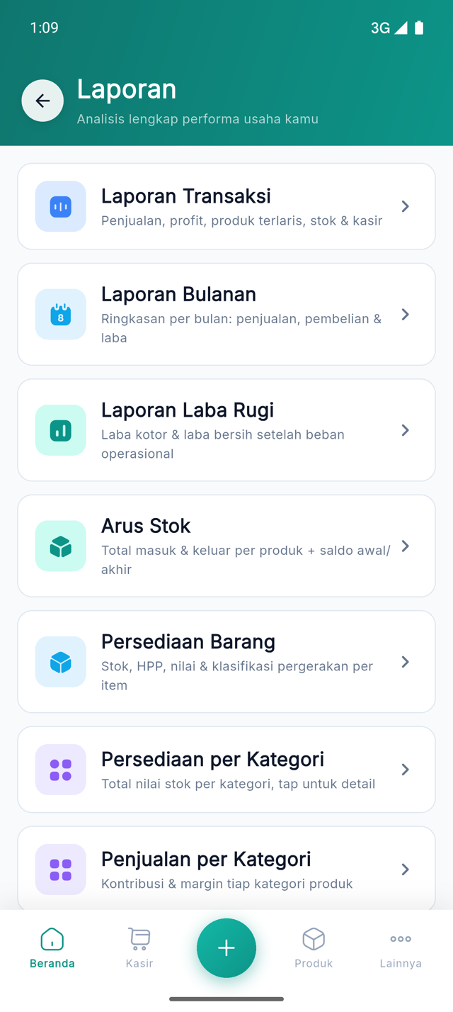 Daftar menu Laporan