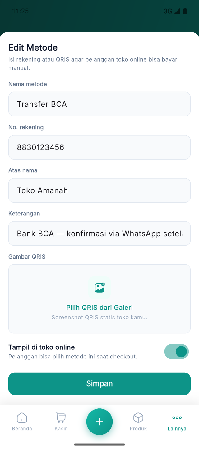 Lembar Edit Metode dengan rekening, QRIS, dan saklar Tampil di toko online