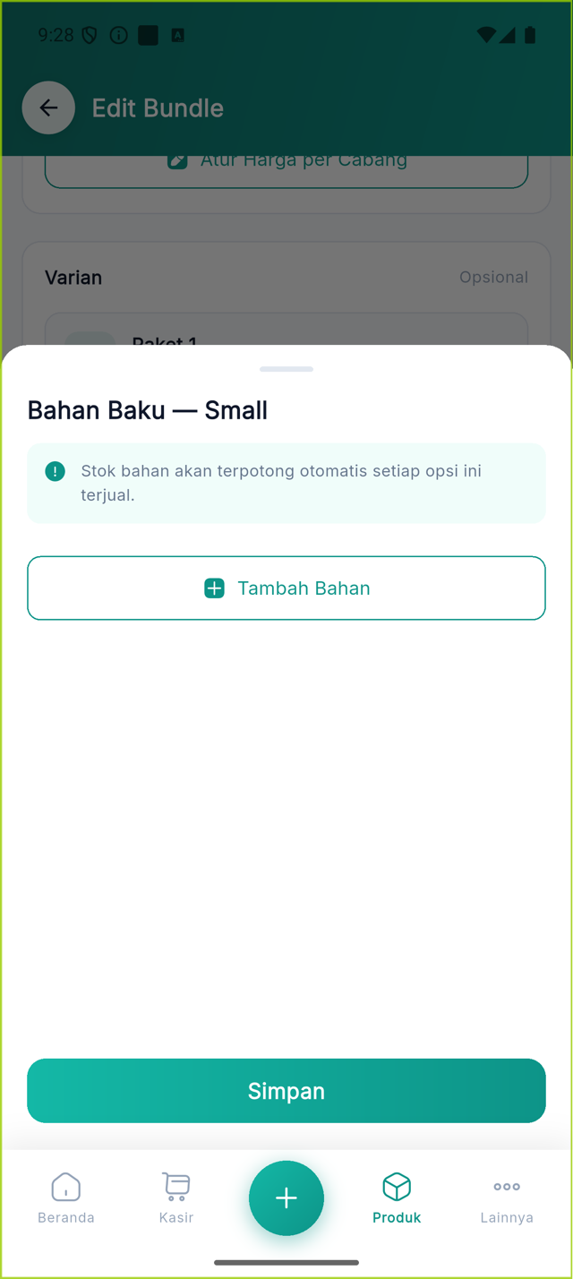 Lembar Bahan Baku per opsi modifier
