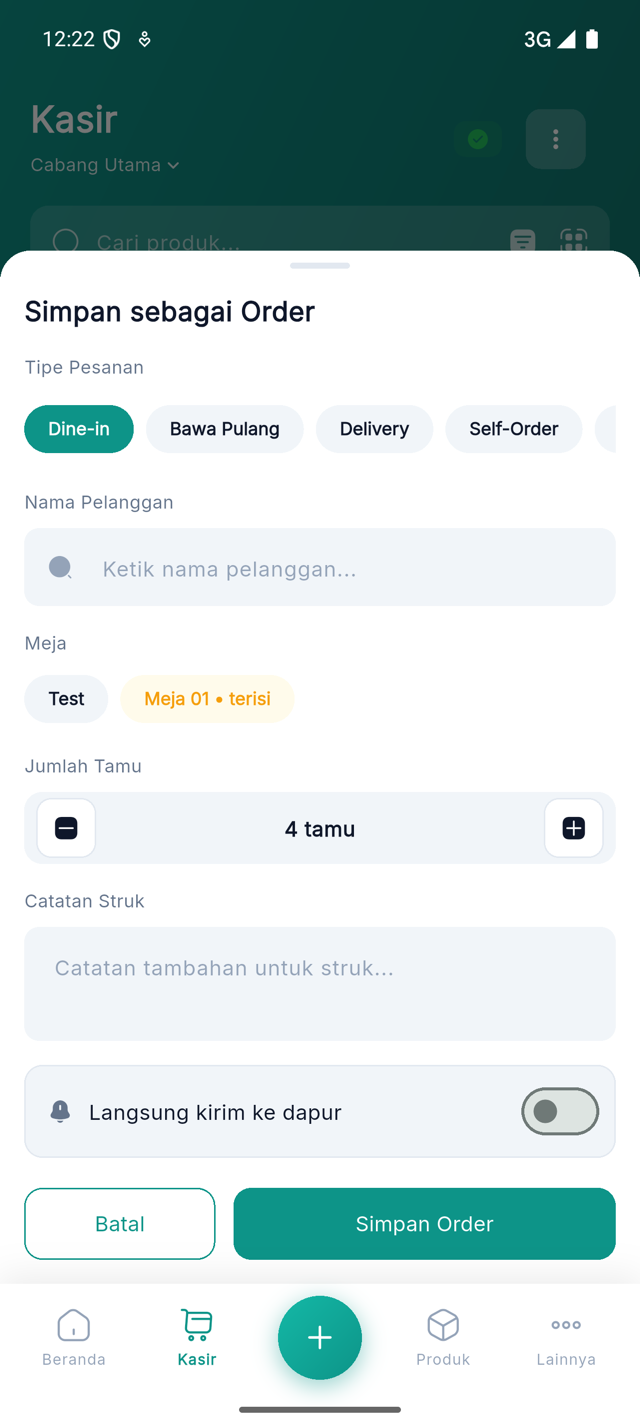 Formulir Simpan sebagai Order dengan Tipe Pesanan, Nama Pelanggan, pilihan Meja, stepper Jumlah Tamu, Catatan Struk, dan switch Langsung kirim ke dapur