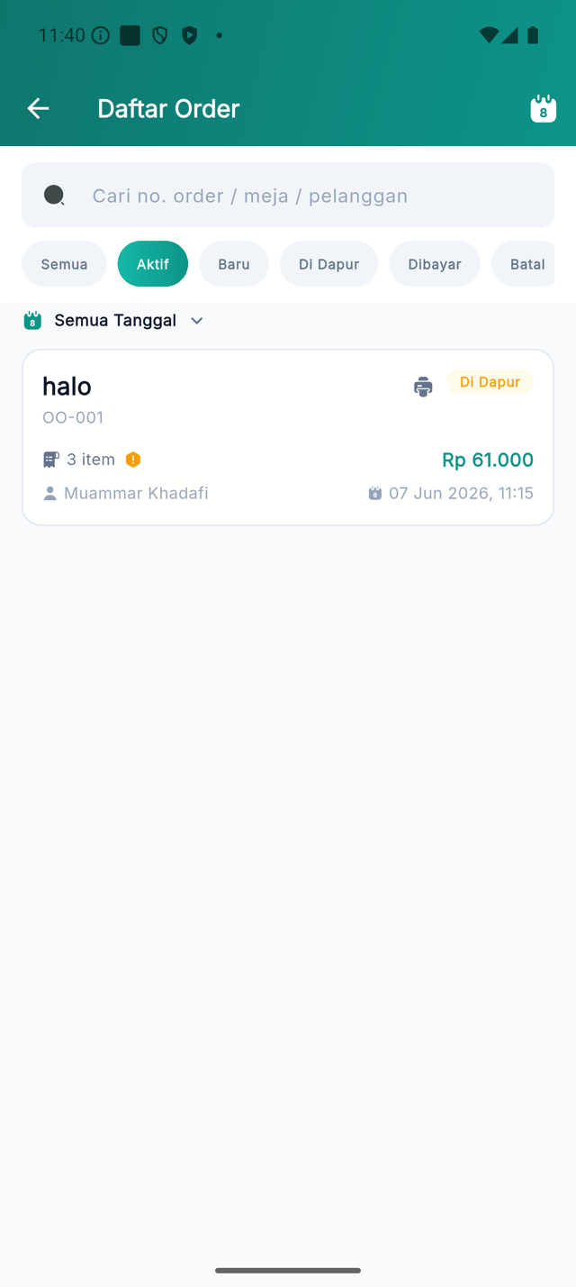 Halaman Daftar Order dengan pencarian, chip status, dan kartu order berikon printer