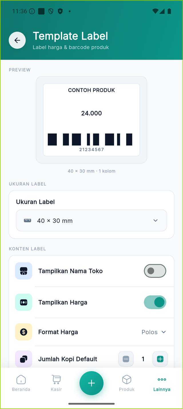 Halaman pengaturan Template Label dengan pratinjau, ukuran, dan konten label