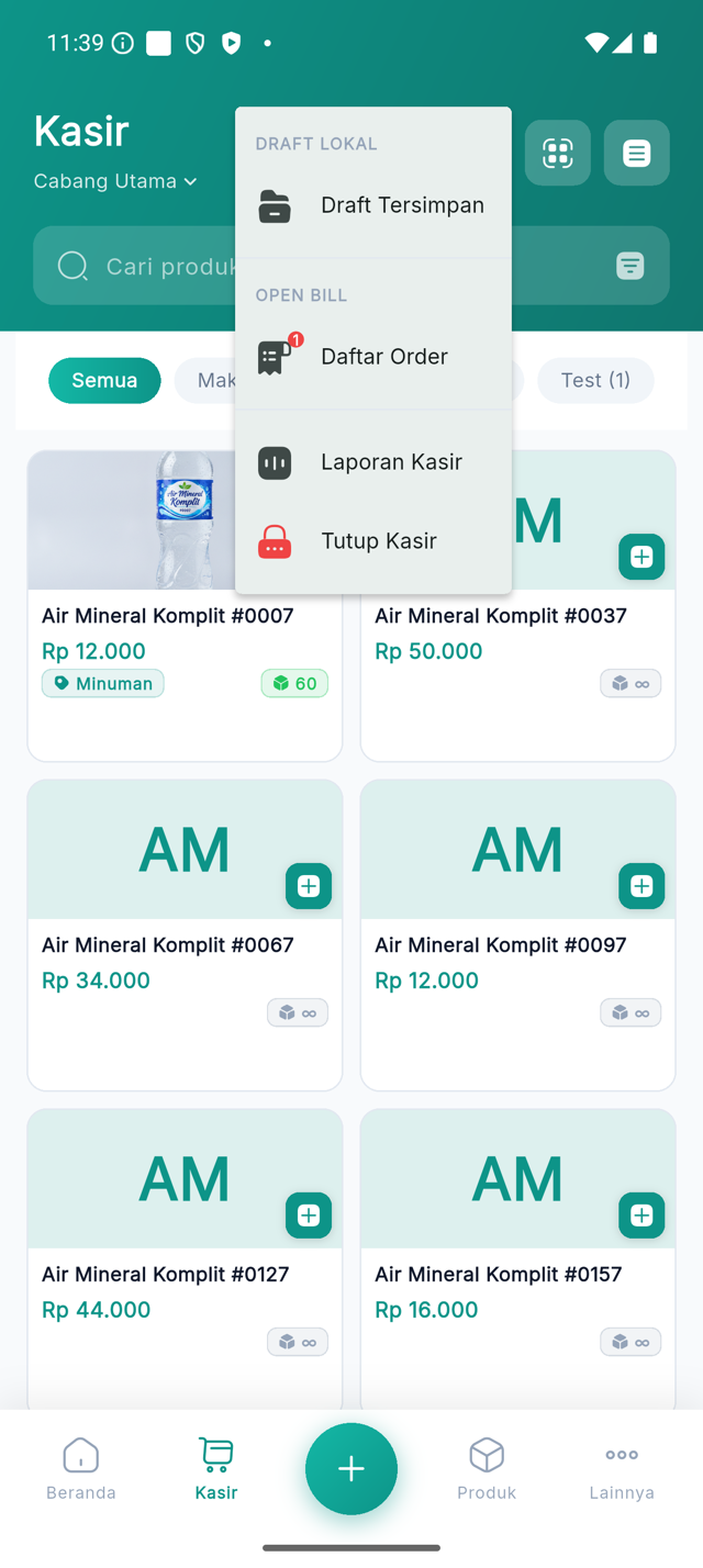 Menu titik tiga di halaman Kasir dengan bagian Draft Lokal dan Open Bill