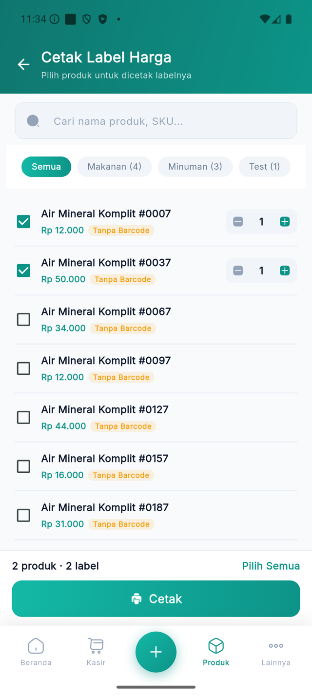 Halaman Cetak Label Harga dengan produk tercentang dan pengatur jumlah kopi