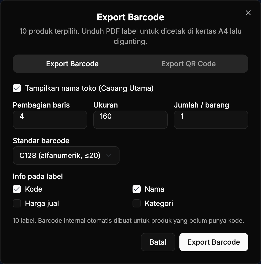Jendela pengaturan Export Barcode