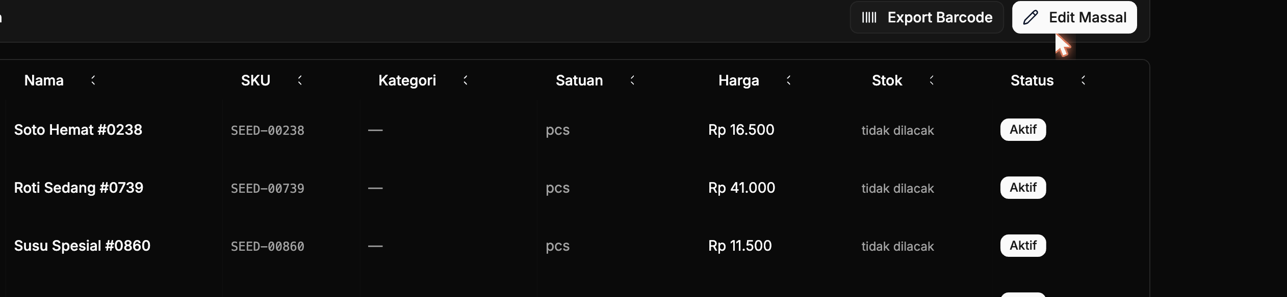 Tombol Export Barcode pada bar aksi produk terpilih