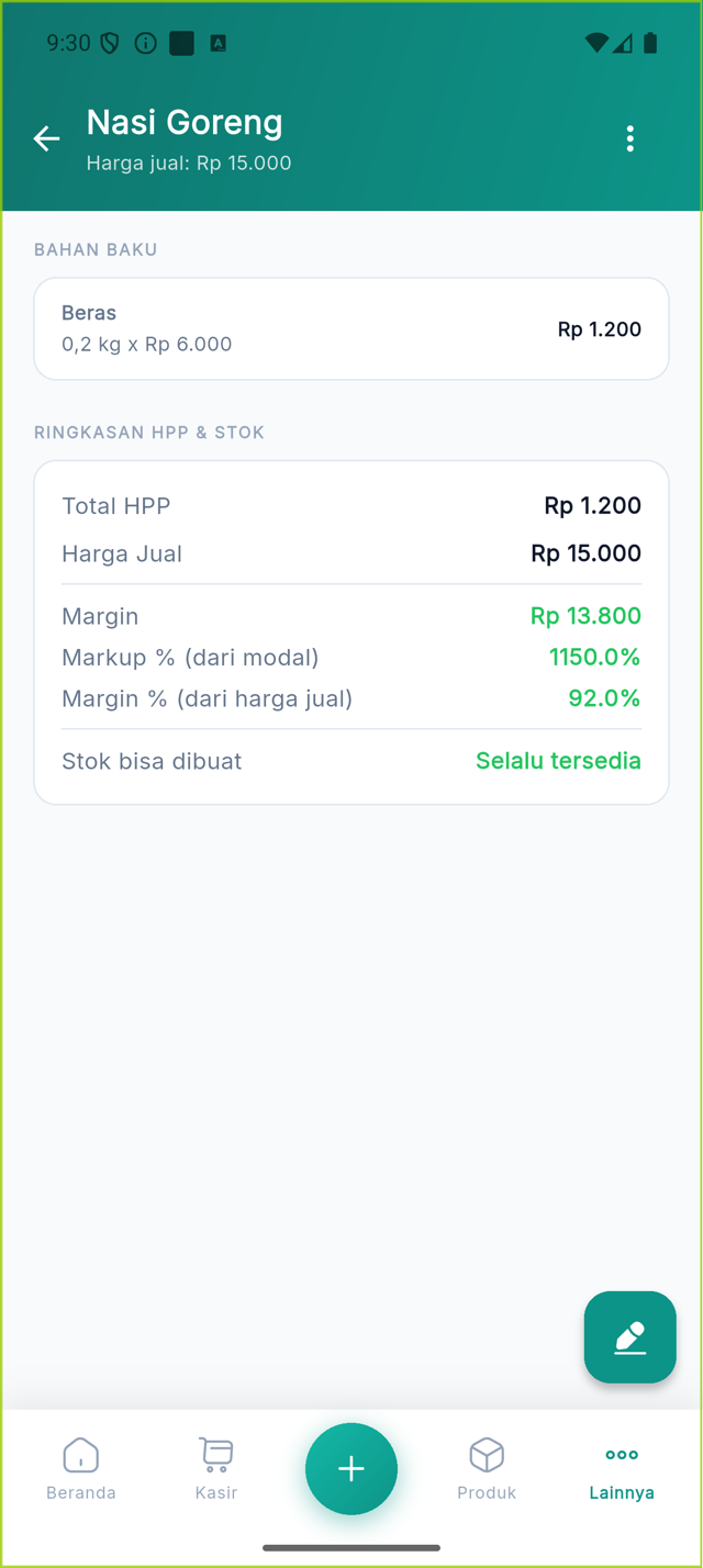 Detail resep dengan Ringkasan HPP