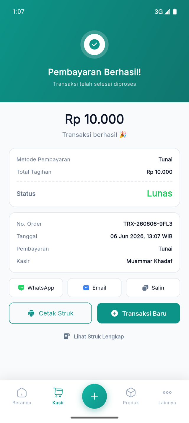 Layar Pembayaran Berhasil dan opsi struk