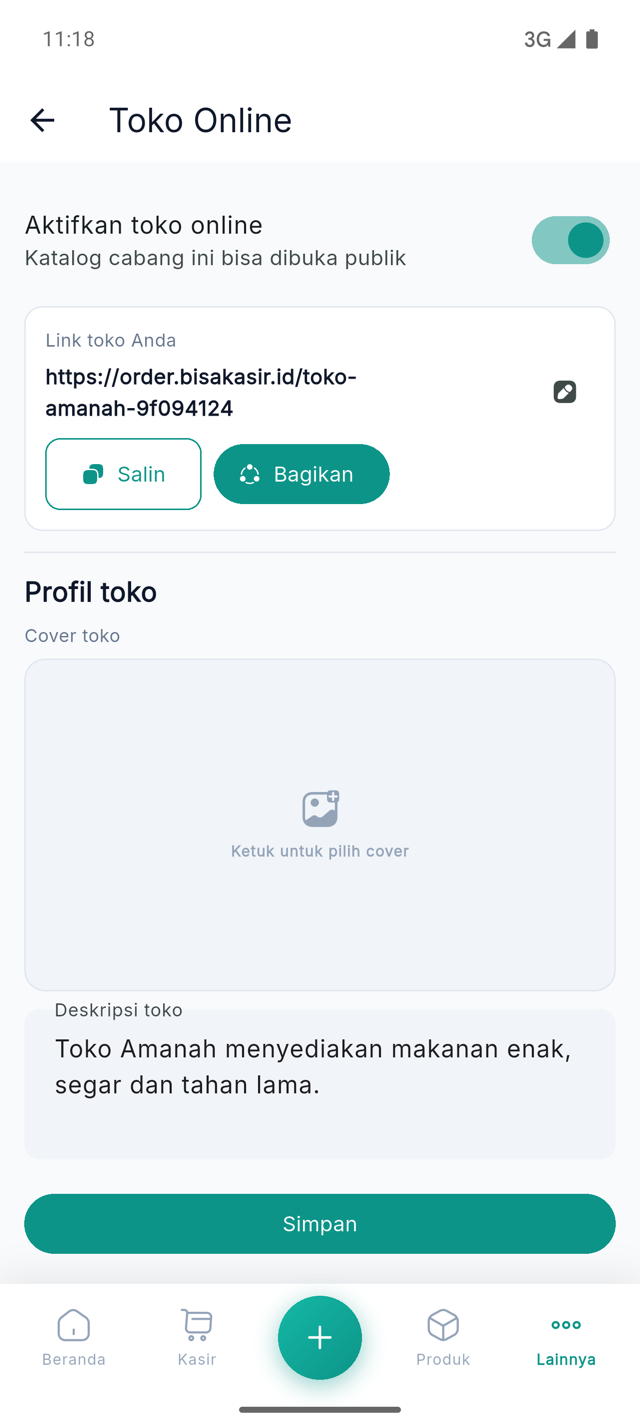 Halaman pengaturan Toko Online