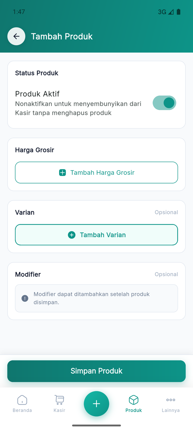 Bagian Varian & Modifier pada form produk