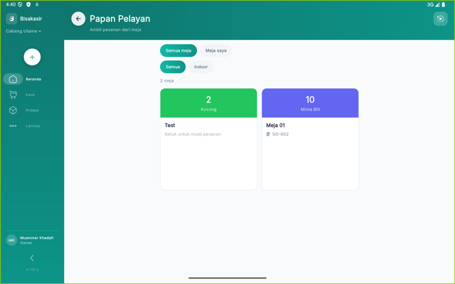 Papan Pelayan dengan chip Semua meja dan chip area, serta grid meja berisi meja Kosong dan meja Minta Bill